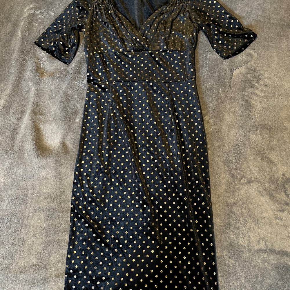 Collectif Elegant Black Midi Dress with Gold Polka dots